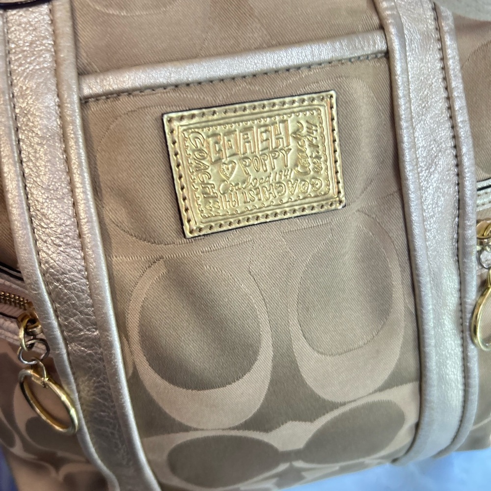 Coach Beige Signature Tote with Metallic Gold Trim